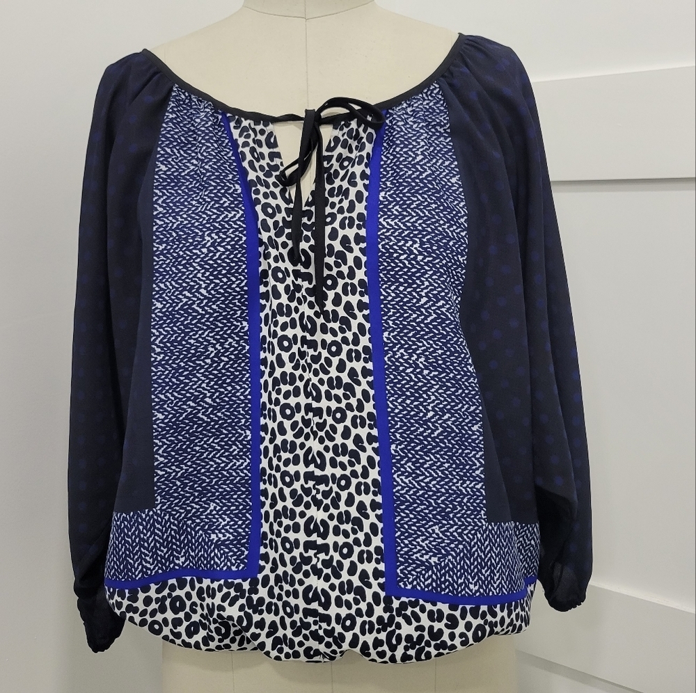 Express Blue Black Leopard Animal Print Blouse Dolman Sleeve Keyhole Top Size M
